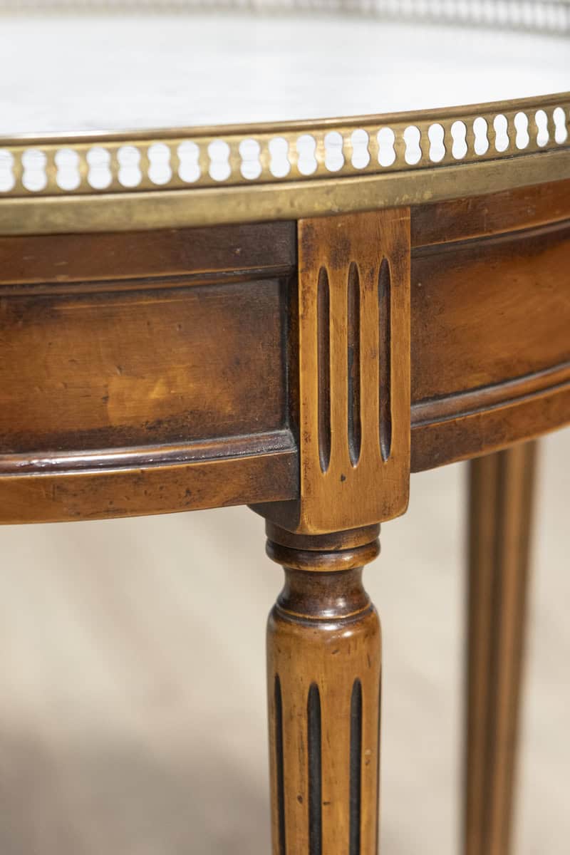 French Louis XVI Style Walnut Bouillotte Table with Marble Top and Brass Gallery - JAA