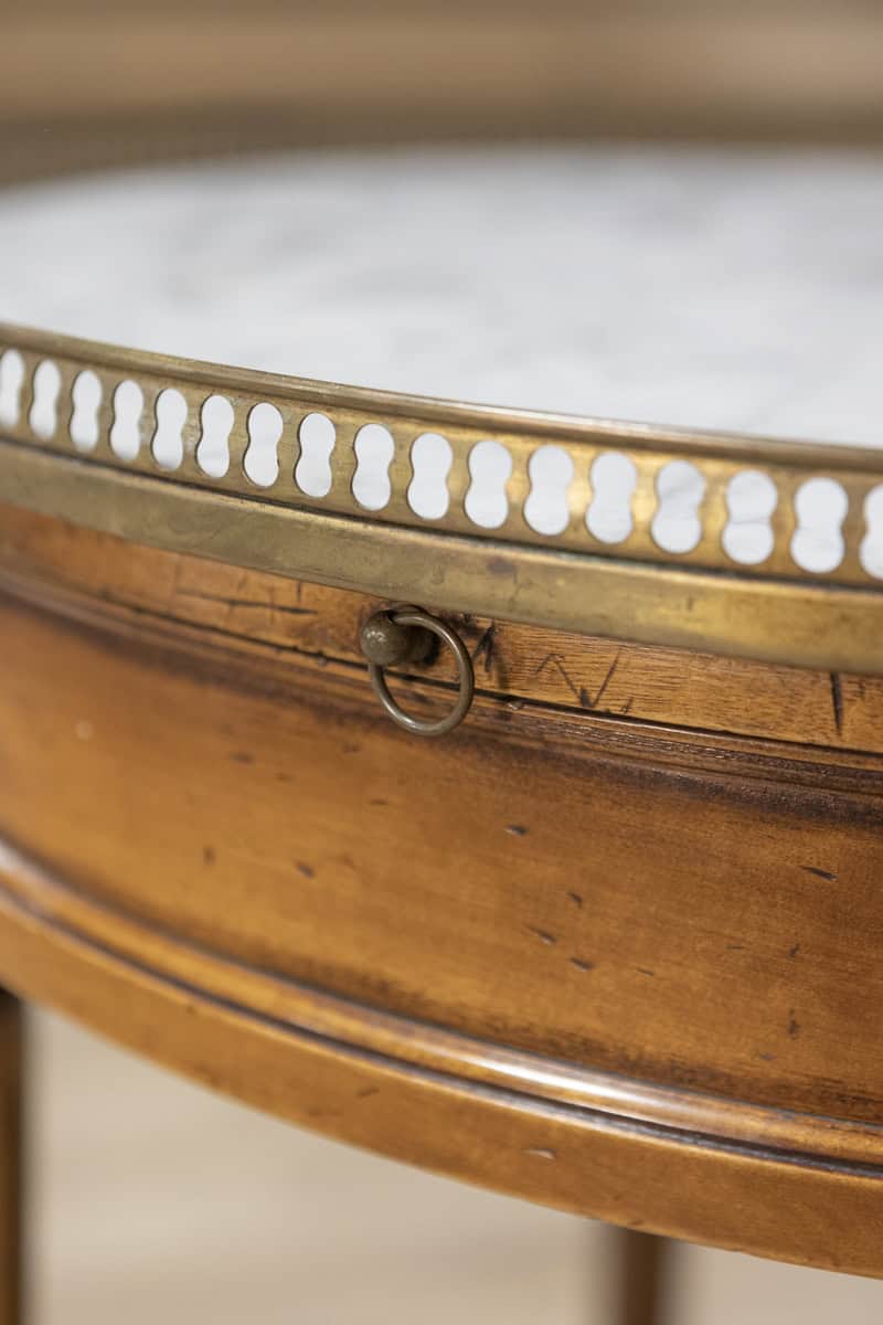 French Louis XVI Style Walnut Bouillotte Table with Marble Top and Brass Gallery - JAA