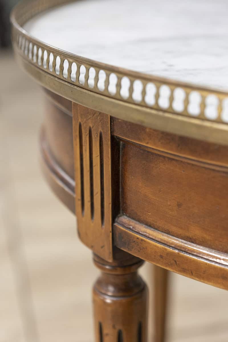 French Louis XVI Style Walnut Bouillotte Table with Marble Top and Brass Gallery - JAA