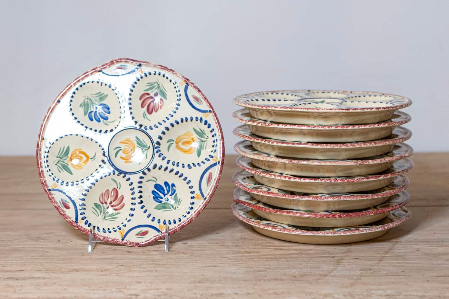 Eight French Quimper 19th Century HB Manufacture Oyster Plates with Floral Motifs - JAA