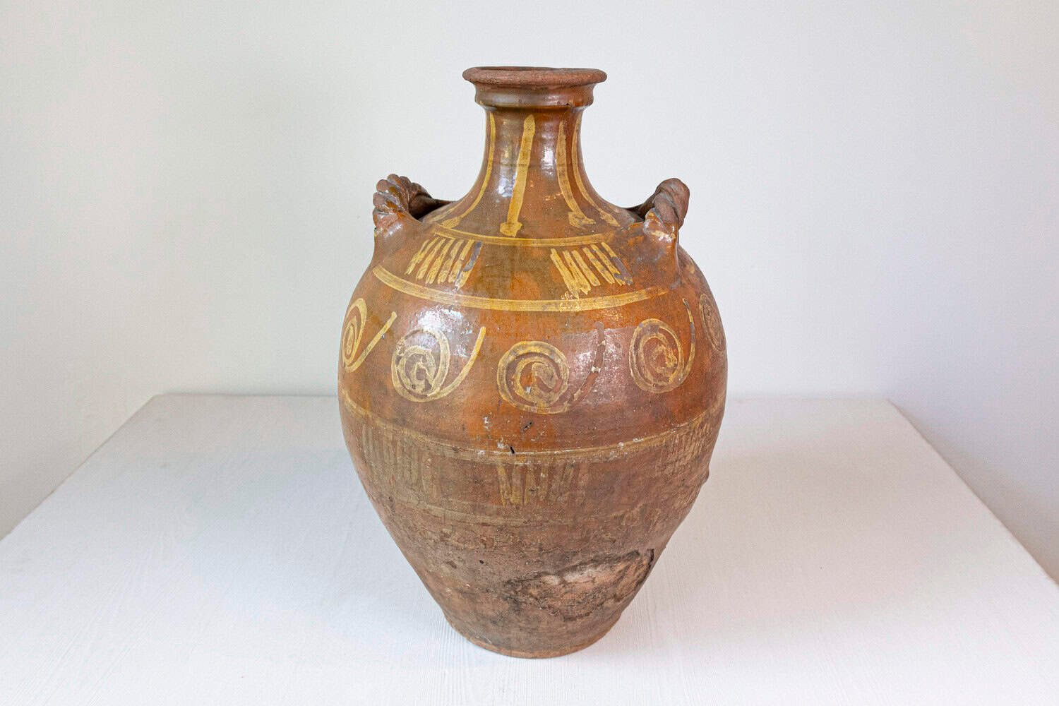Italian 17th Century Terracotta Olive Oil Jar with Yellow Glazed Spiraling Décor - JAA