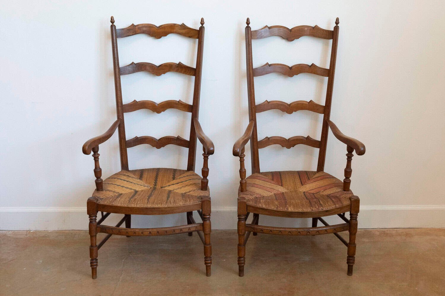 French 1890s Fruitwood Ladder Back Chairs with Straw Seats and Turned Legs - JAA