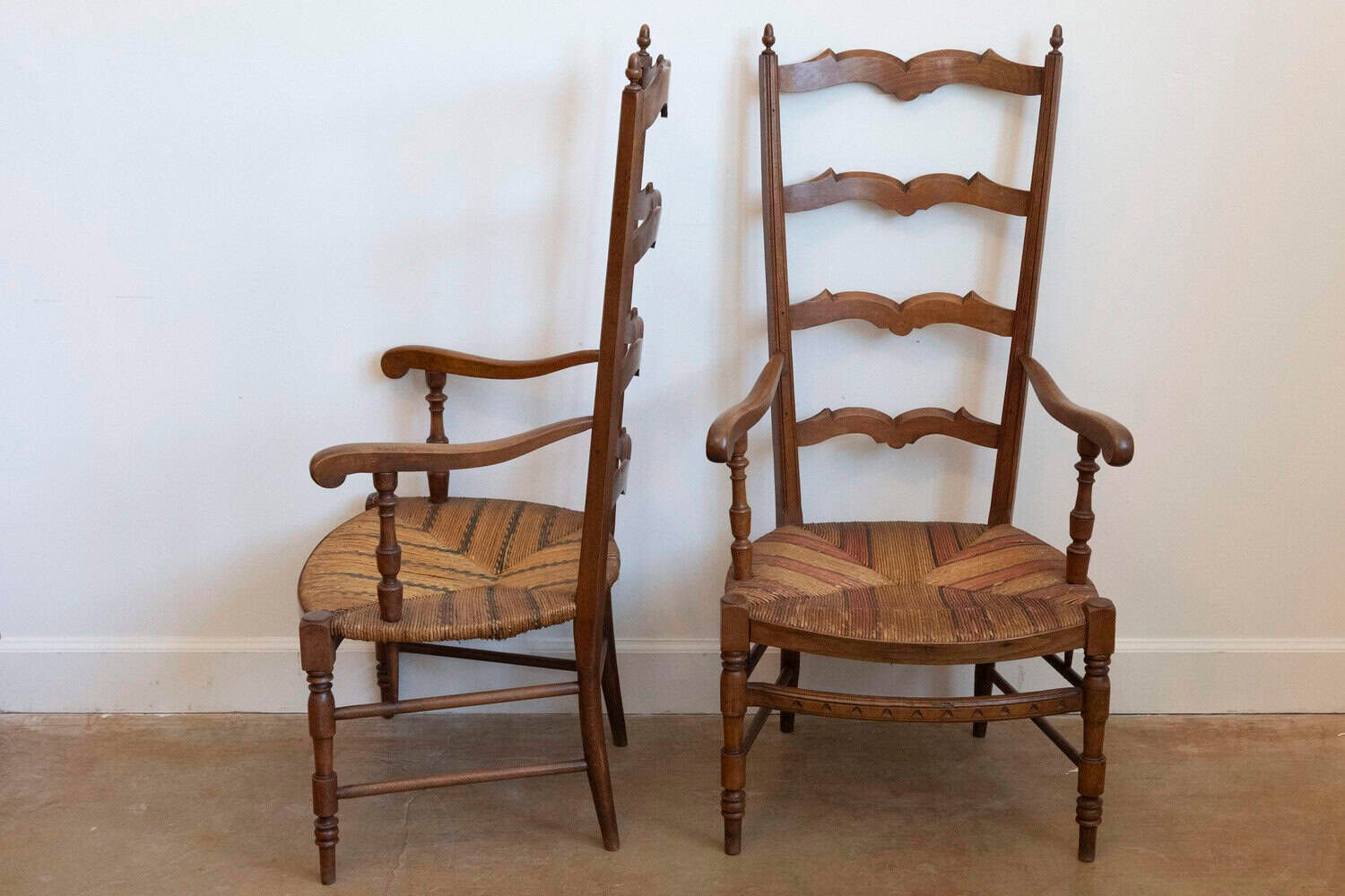French 1890s Fruitwood Ladder Back Chairs with Straw Seats and Turned Legs - JAA