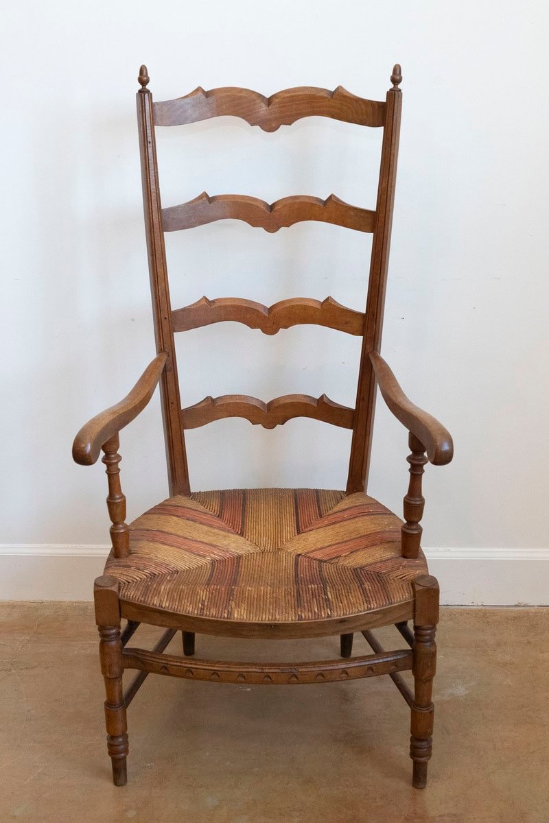 French 1890s Fruitwood Ladder Back Chairs with Straw Seats and Turned Legs - JAA