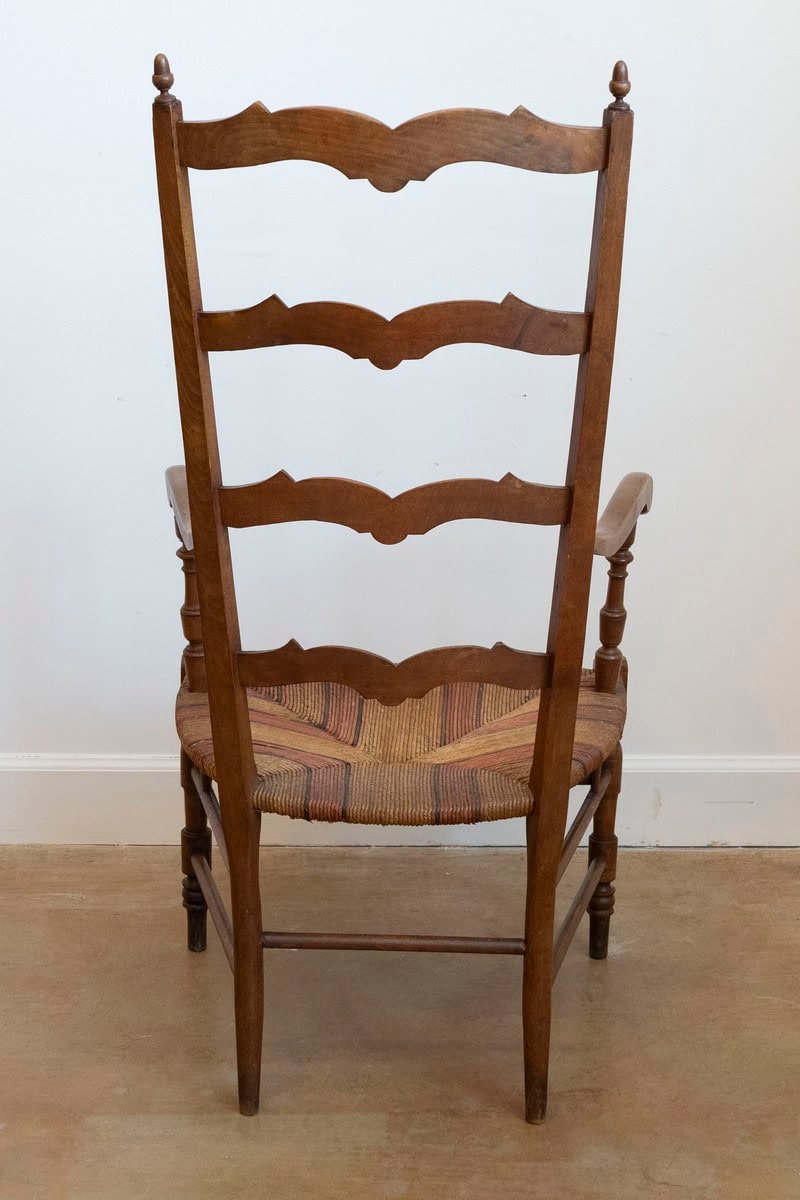 French 1890s Fruitwood Ladder Back Chairs with Straw Seats and Turned Legs - JAA