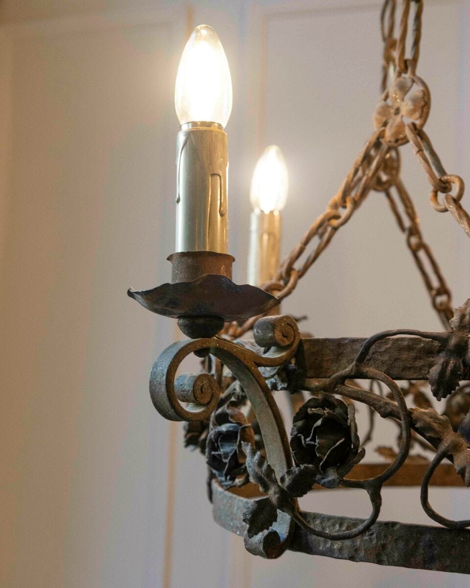 40% OFF at Checkout. French 19th Century Four-Light Iron Ring Chandelier with Flowers and Vines - JAA