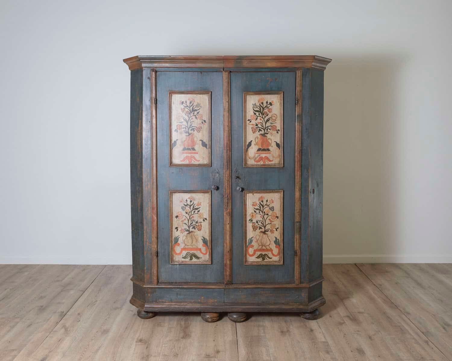 Alpine Blue Painted Wardrobe with Floral Panels, 19th Century - JAA