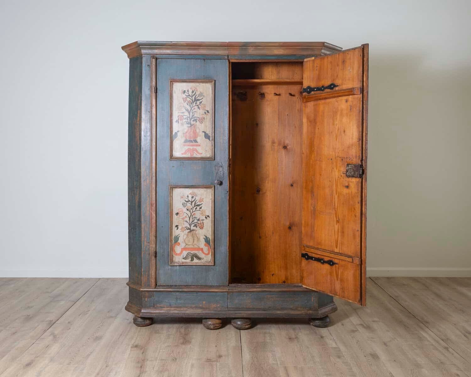 Alpine Blue Painted Wardrobe with Floral Panels, 19th Century - JAA