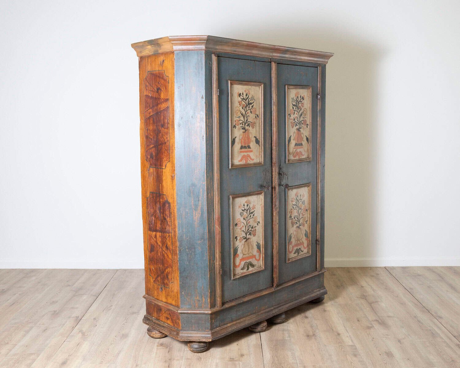 Alpine Blue Painted Wardrobe with Floral Panels, 19th Century - JAA