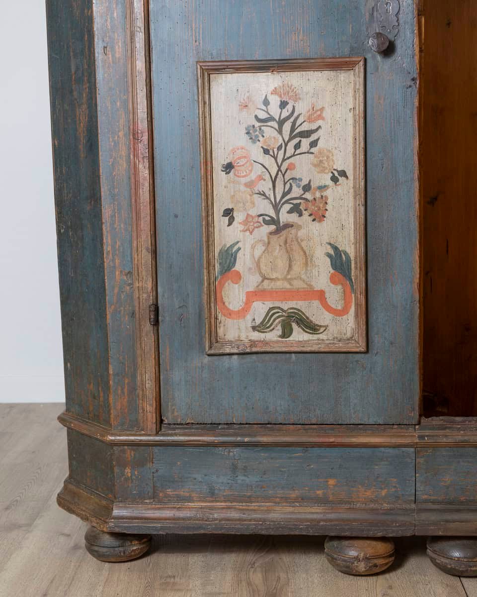 Alpine Blue Painted Wardrobe with Floral Panels, 19th Century - JAA