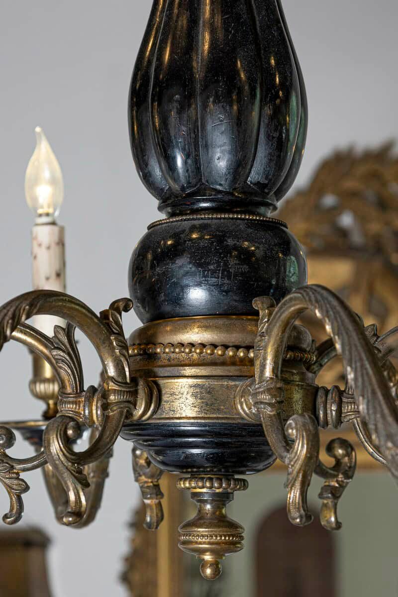 French Napoleon III Period 1860s Ebonized Wood and Bronze Six-Light Chandelier - JAA