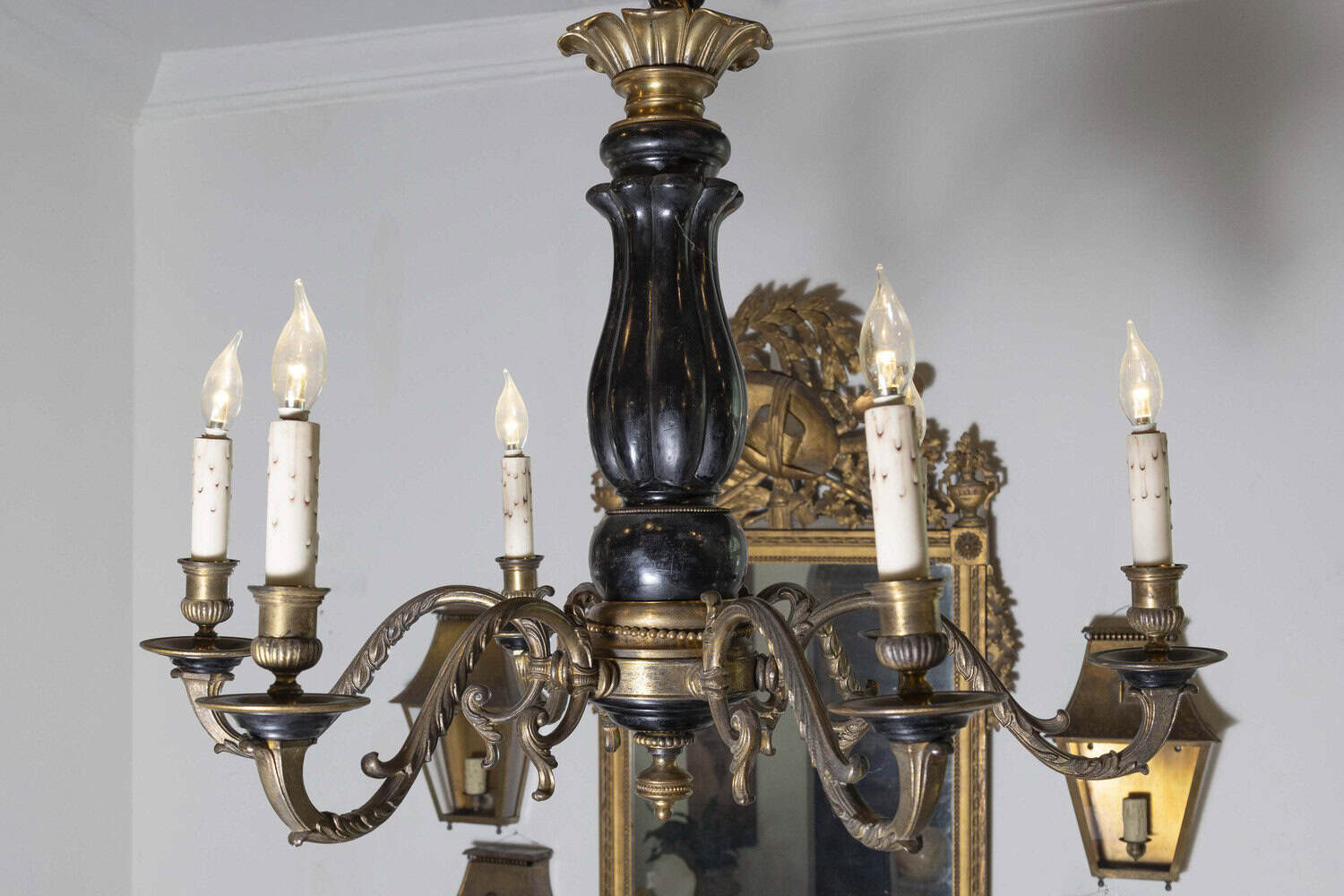 French Napoleon III Period 1860s Ebonized Wood and Bronze Six-Light Chandelier - JAA