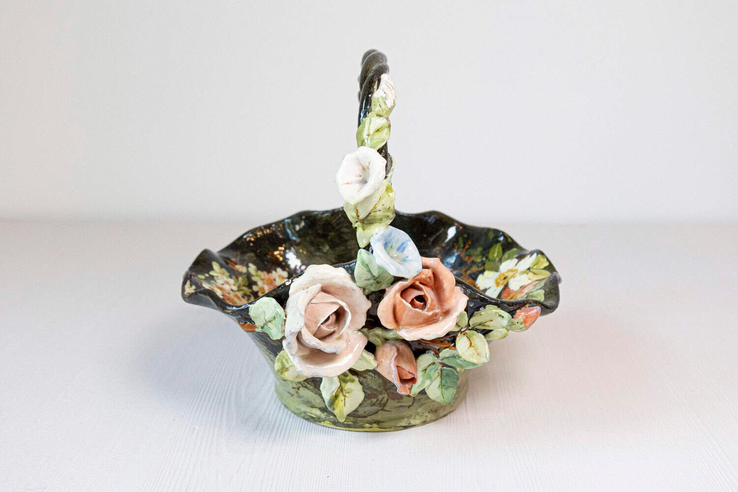 19th Century French Barbotine Jardinière Basket with High Relief Pastel Flowers - JAA