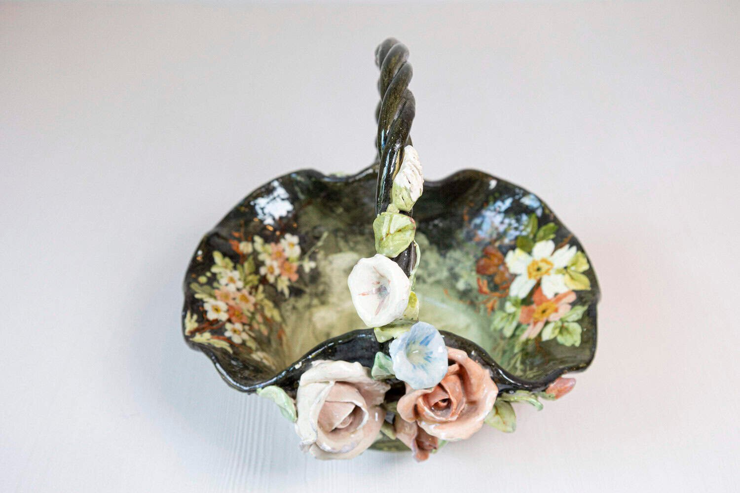 19th Century French Barbotine Jardinière Basket with High Relief Pastel Flowers - JAA