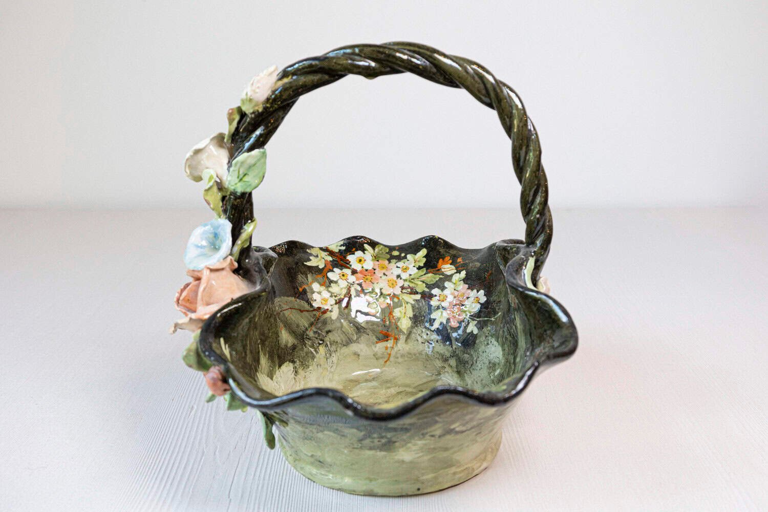 19th Century French Barbotine Jardinière Basket with High Relief Pastel Flowers - JAA
