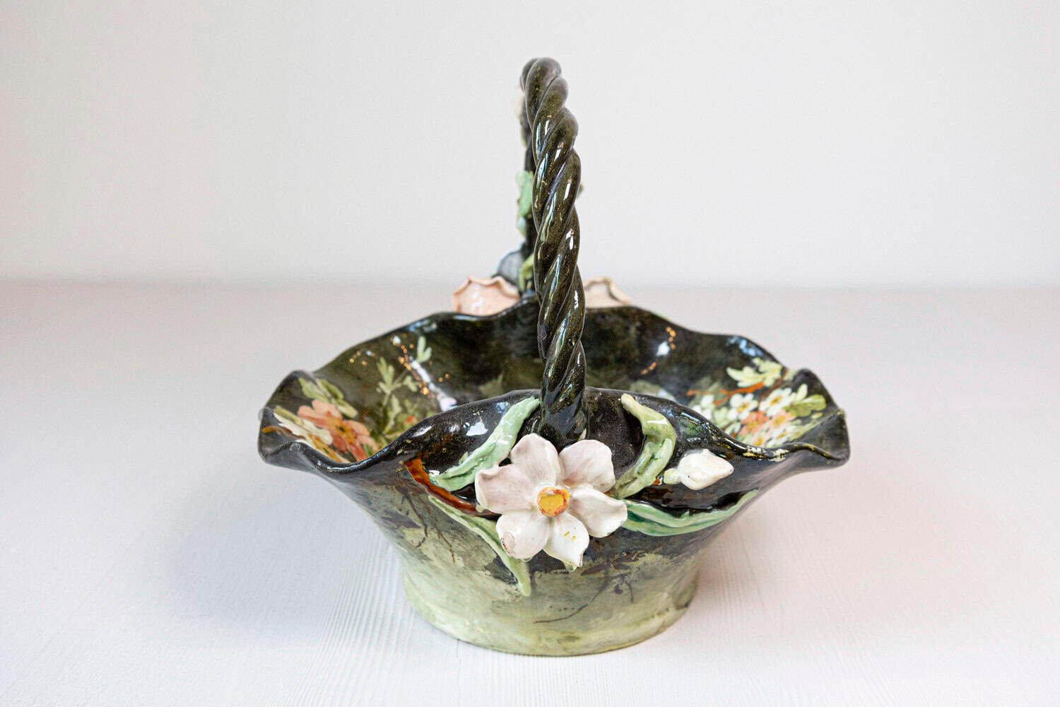 19th Century French Barbotine Jardinière Basket with High Relief Pastel Flowers - JAA