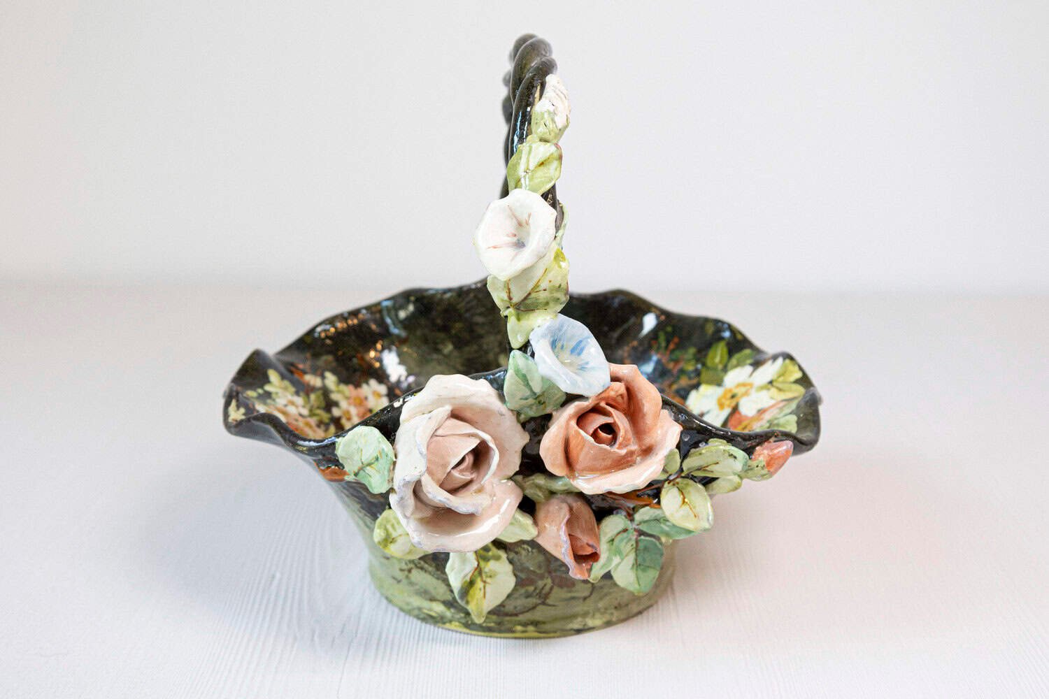 19th Century French Barbotine Jardinière Basket with High Relief Pastel Flowers - JAA