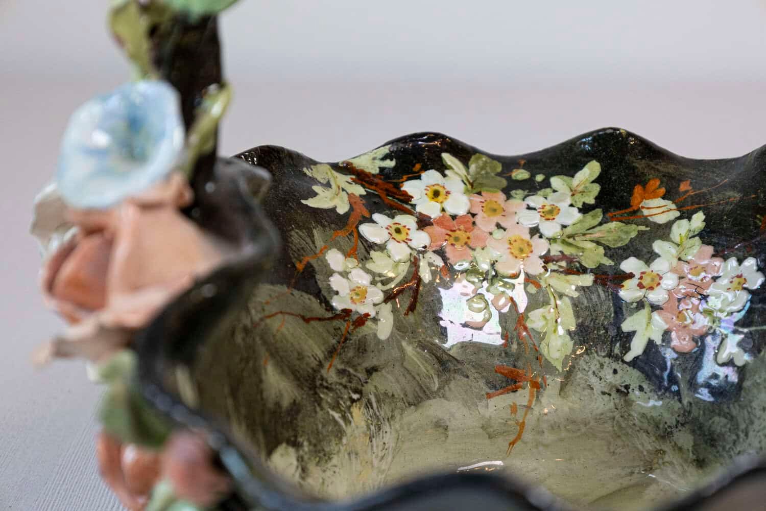 19th Century French Barbotine Jardinière Basket with High Relief Pastel Flowers - JAA