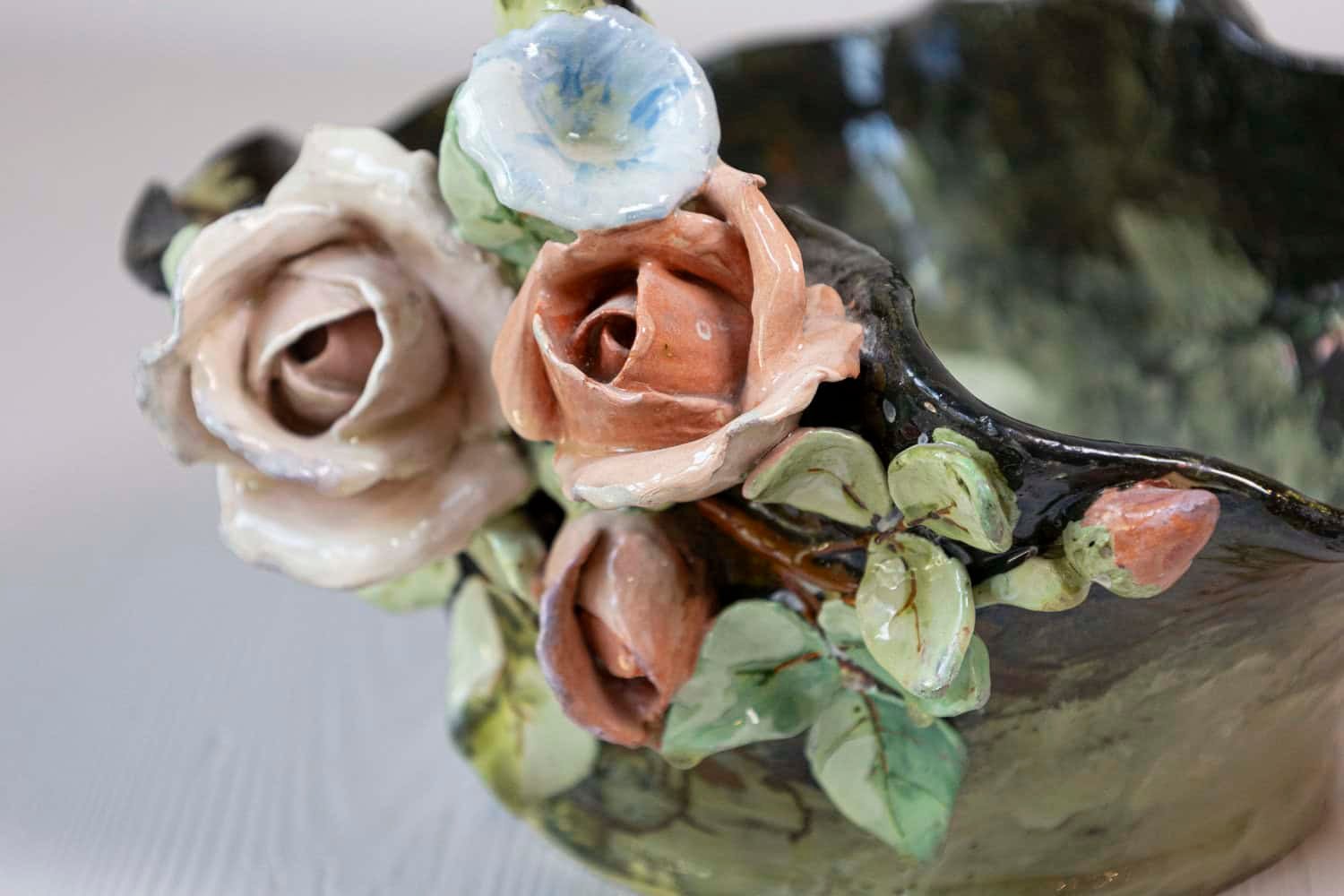 19th Century French Barbotine Jardinière Basket with High Relief Pastel Flowers - JAA