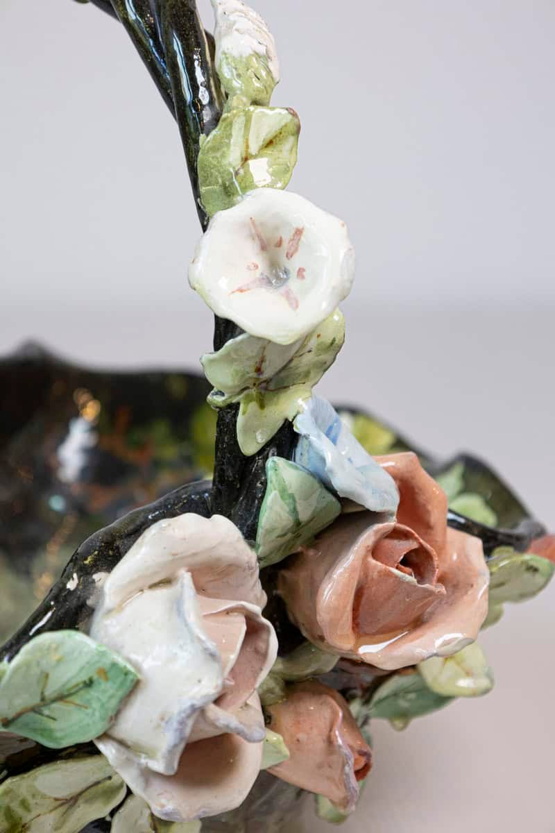 19th Century French Barbotine Jardinière Basket with High Relief Pastel Flowers - JAA