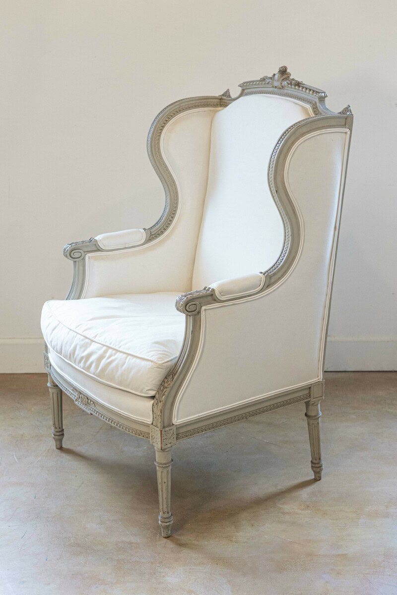 40% OFF at Checkout. French Louis XVI Style 19th Century Painted and Carved Wingback Bergère Chair - JAA
