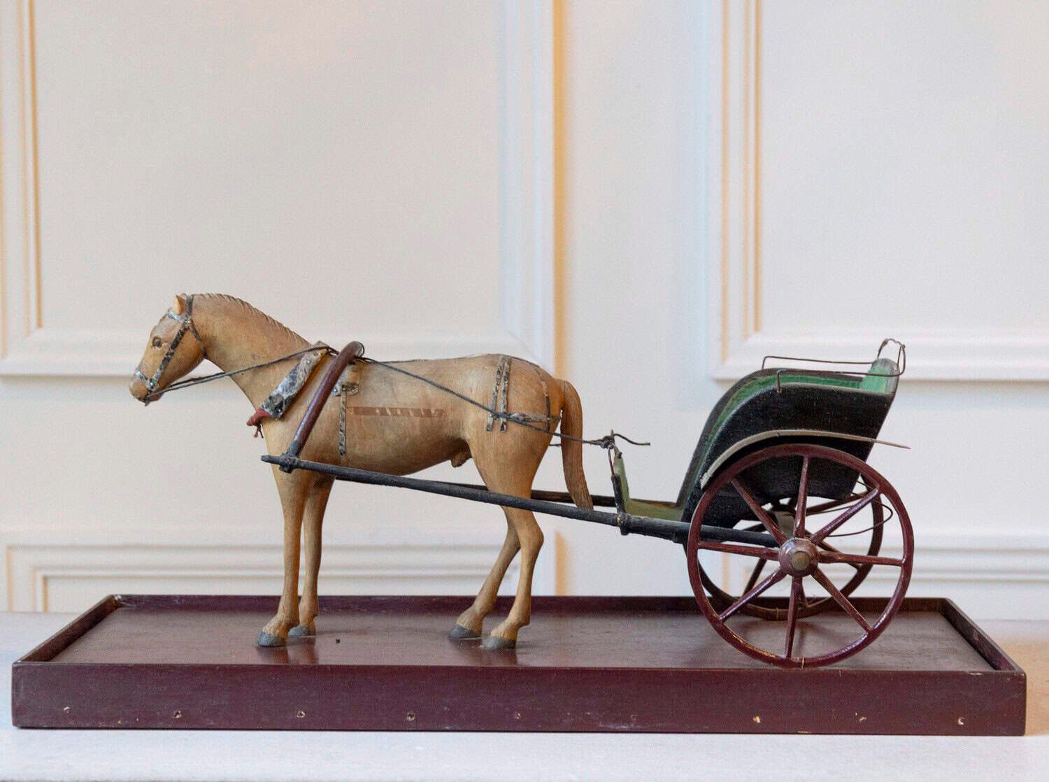 Early 20th-Century Carved Wooden Horse and Carriage Model - JAA