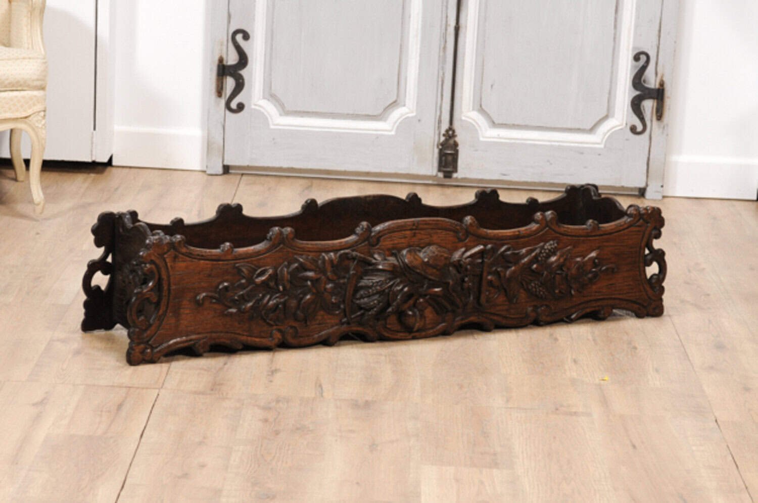 1890s French Oak Planter with Carved Gardening Themed Frieze - JAA