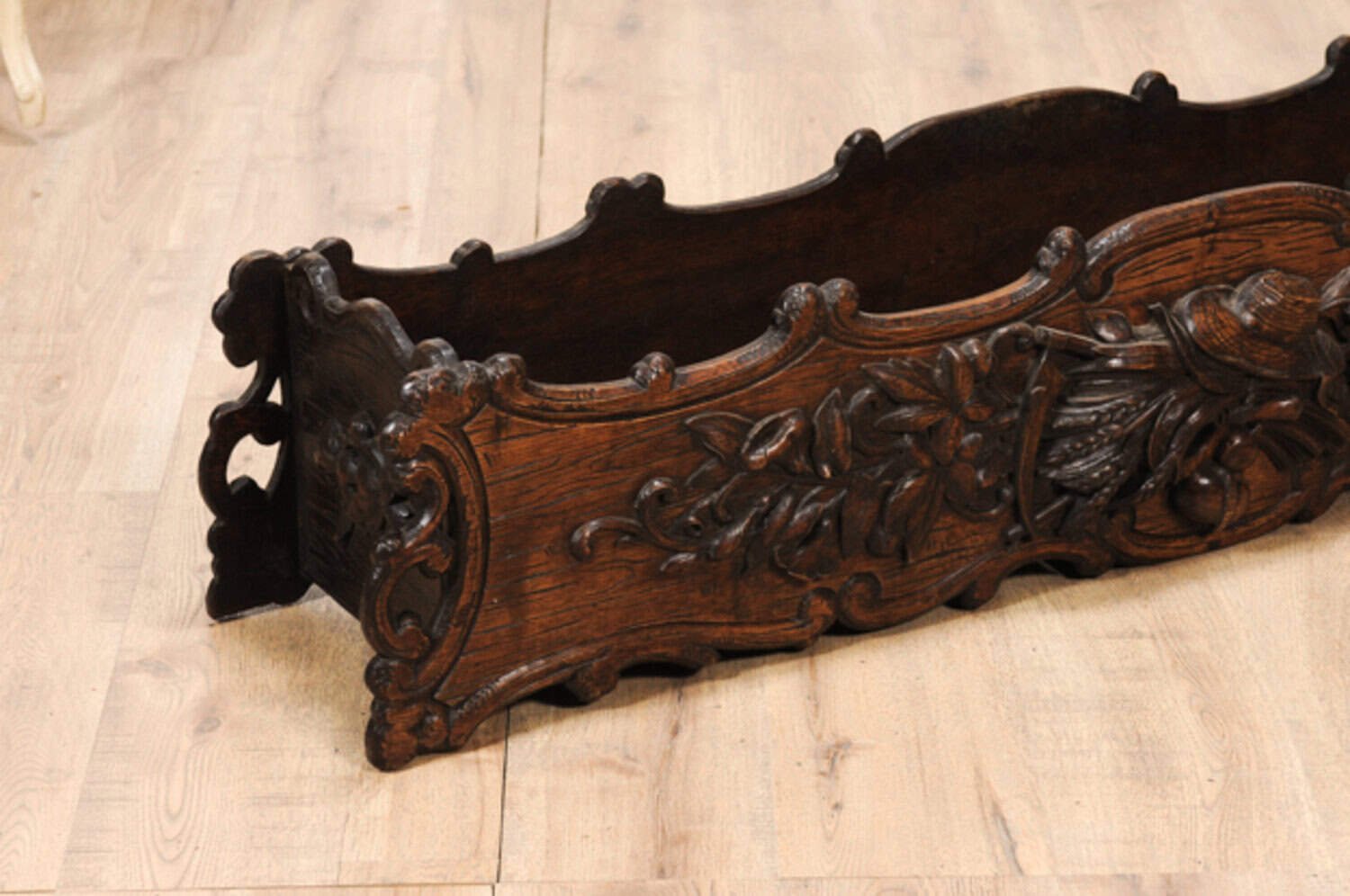 1890s French Oak Planter with Carved Gardening Themed Frieze - JAA