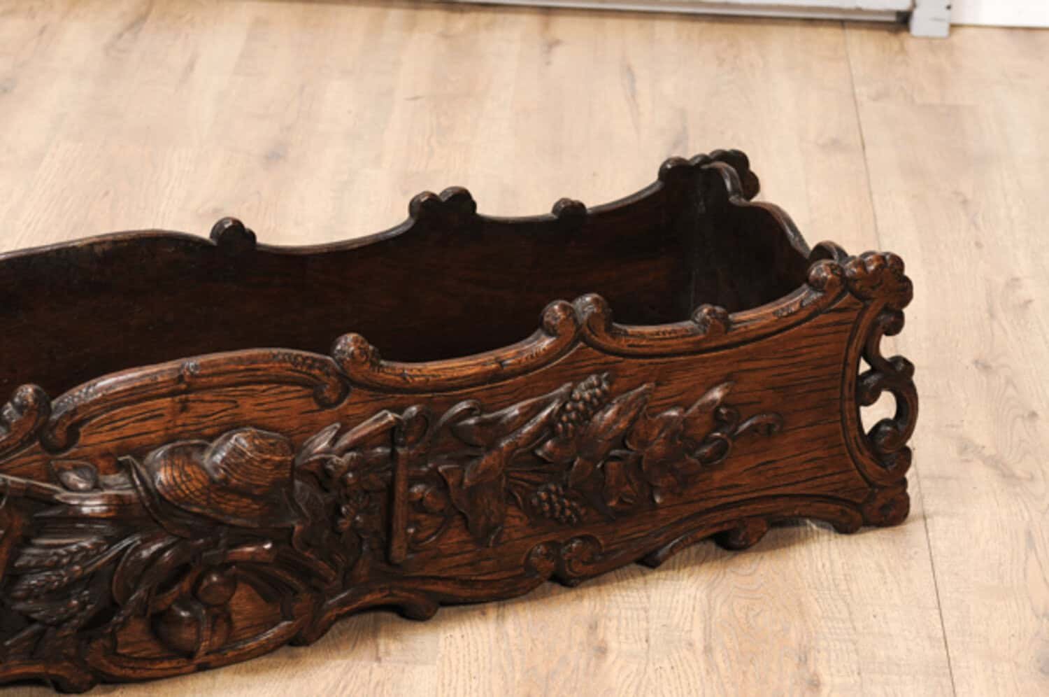 1890s French Oak Planter with Carved Gardening Themed Frieze - JAA