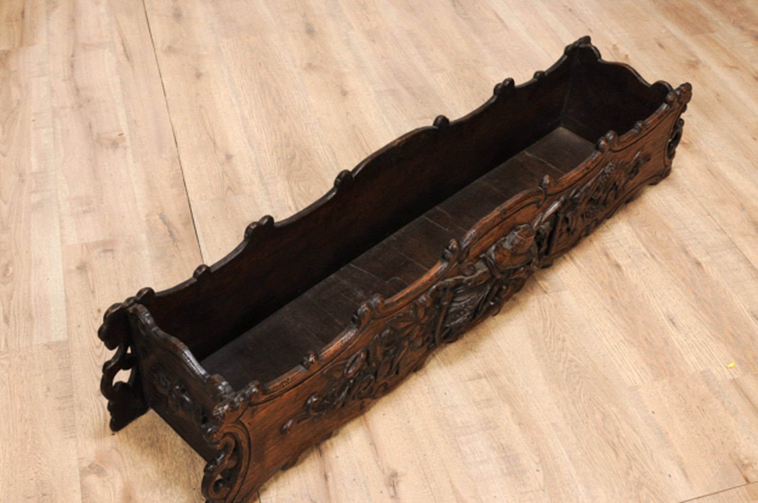 1890s French Oak Planter with Carved Gardening Themed Frieze - JAA