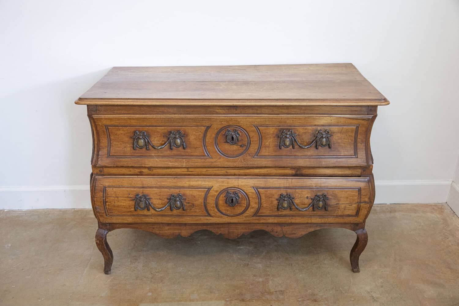 1730s French Period Louis XV Walnut Two-Drawer Commode with Bombé Side Panels - JAA