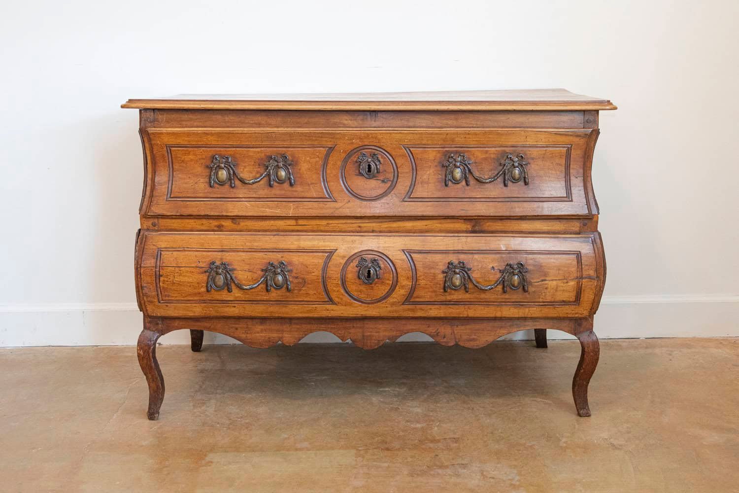 1730s French Period Louis XV Walnut Two-Drawer Commode with Bombé Side Panels - JAA