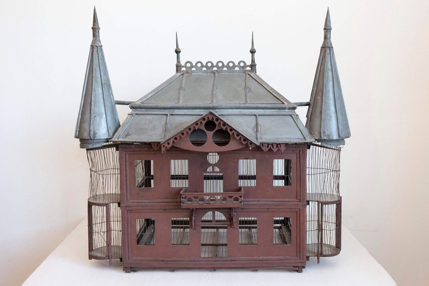 French 19th Century Medieval Château Pewter and Wood Birdcage with Turrets - JAA