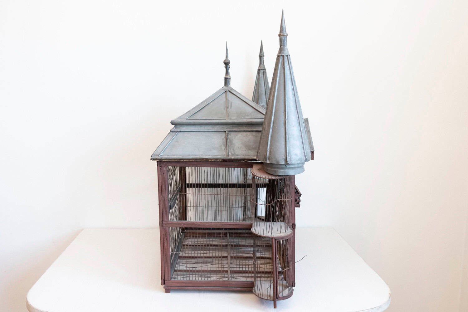 French 19th Century Medieval Château Pewter and Wood Birdcage with Turrets - JAA