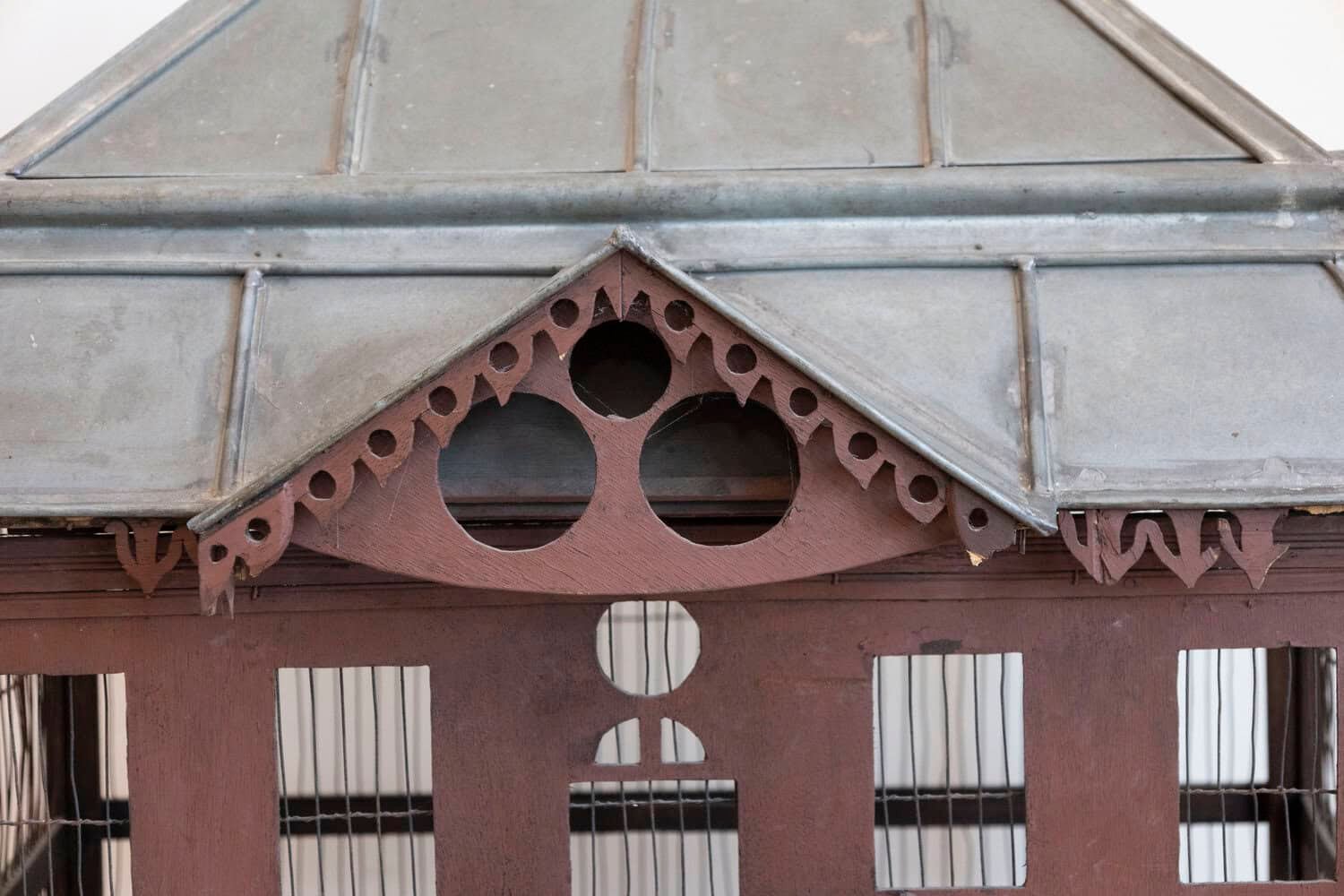 French 19th Century Medieval Château Pewter and Wood Birdcage with Turrets - JAA