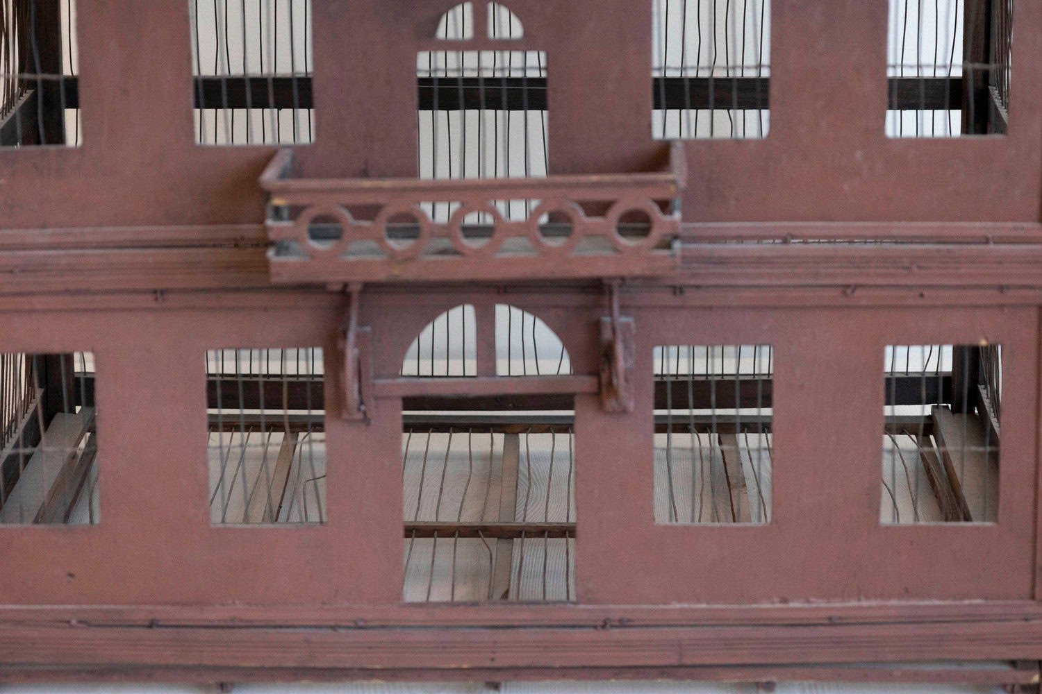 French 19th Century Medieval Château Pewter and Wood Birdcage with Turrets - JAA