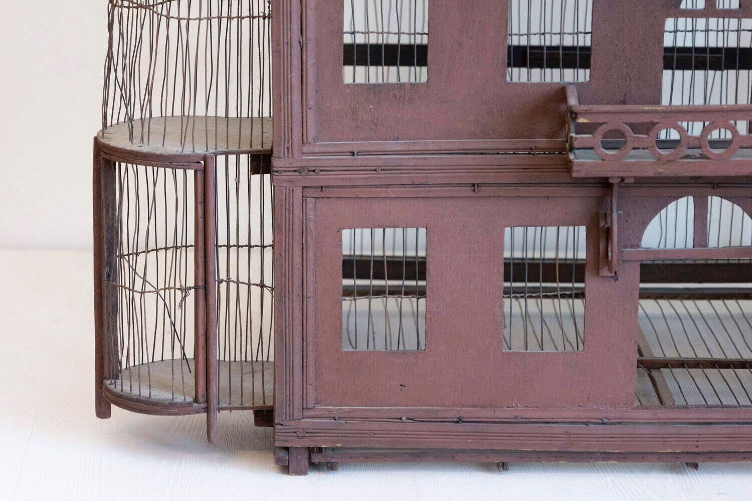 French 19th Century Medieval Château Pewter and Wood Birdcage with Turrets - JAA