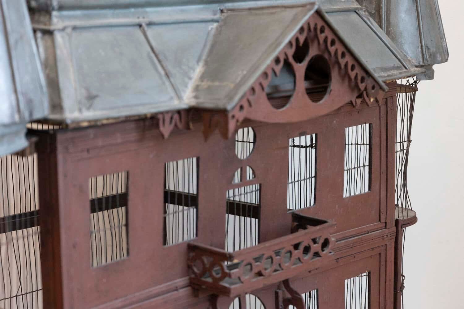 French 19th Century Medieval Château Pewter and Wood Birdcage with Turrets - JAA