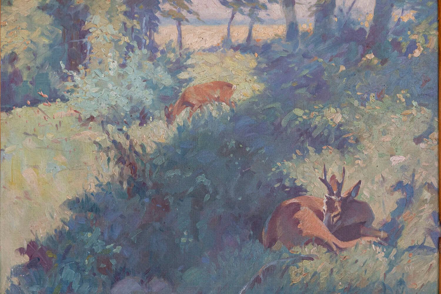 Deer in the Woods, Bert Fricke Wolfenbuttel Oil on Panel Painting circa 1920 - JAA