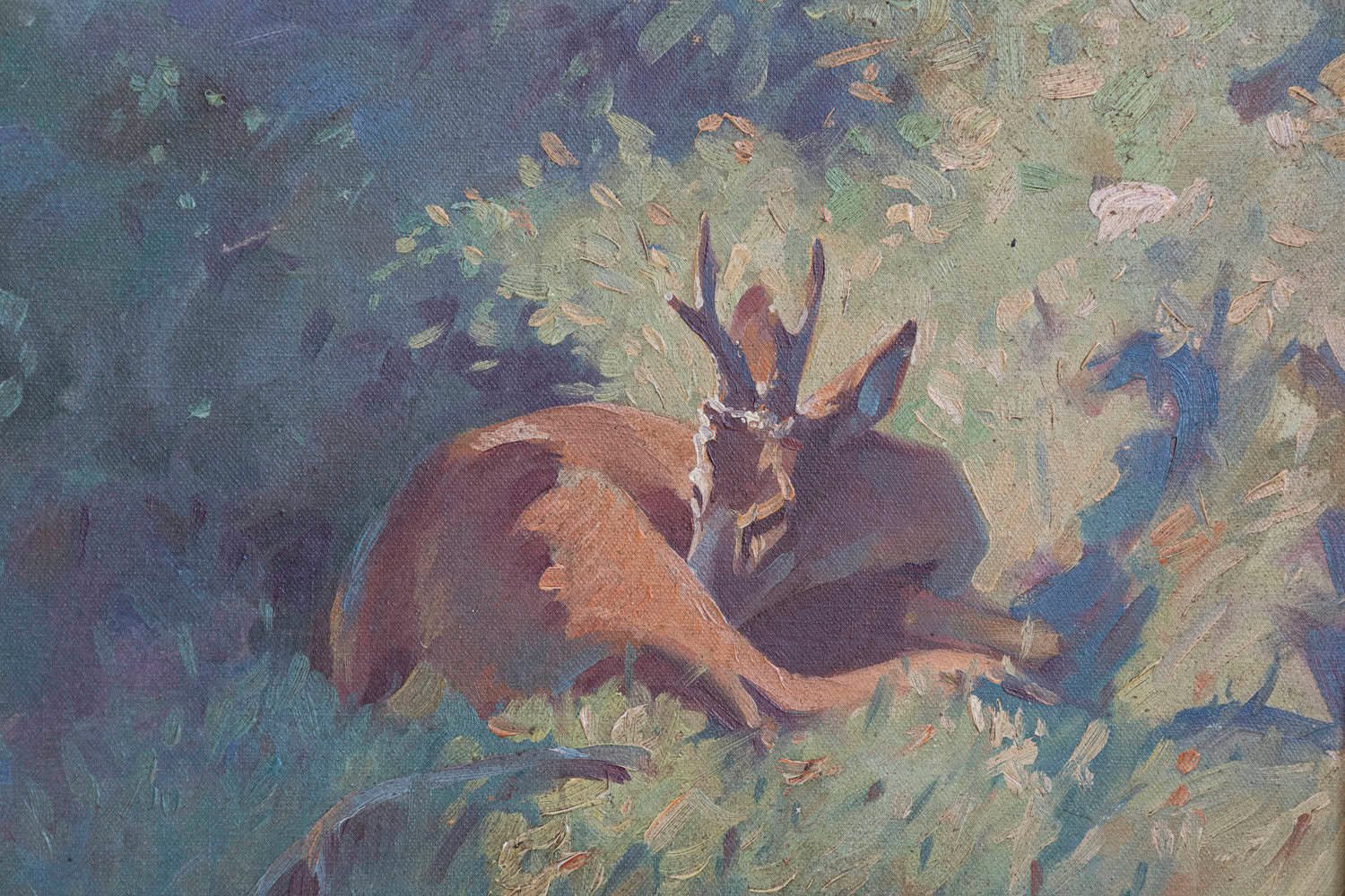 Deer in the Woods, Bert Fricke Wolfenbuttel Oil on Panel Painting circa 1920 - JAA