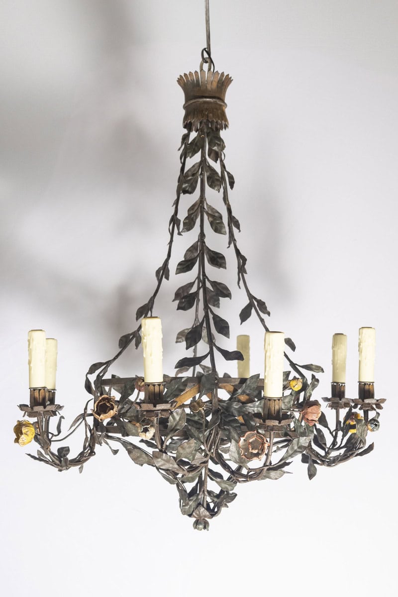 20th Century Italian Tole Floral Chandelier with Painted Leaves and Gilt Accents - JAA