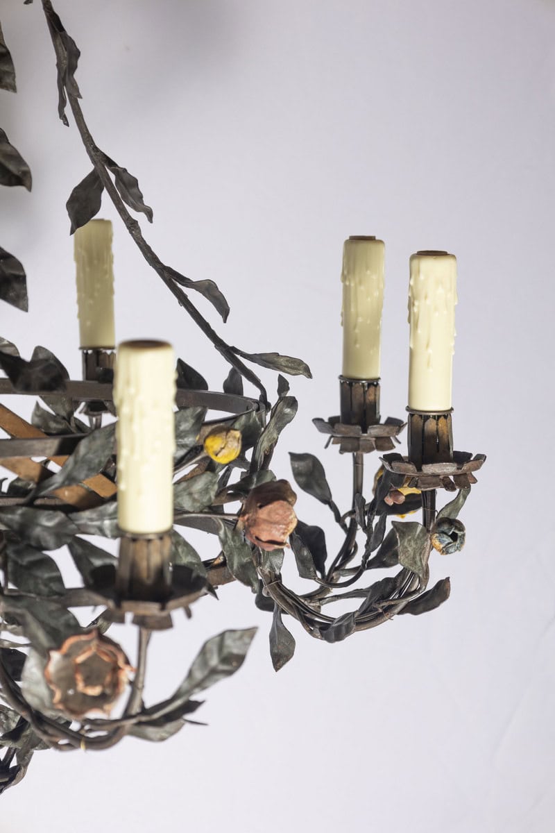 20th Century Italian Tole Floral Chandelier with Painted Leaves and Gilt Accents - JAA