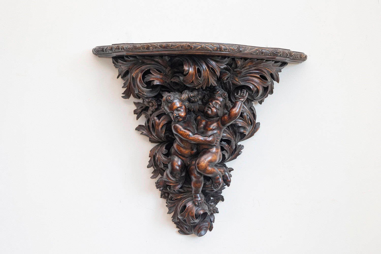 French Baroque Style Hand-Carved Walnut Bracket with Putti and Foliage, 1800s - JAA