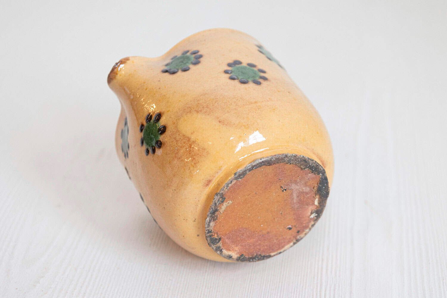 French 19th Century Rustic Peach Glazed Pitcher with Green and Chocolate Décor - JAA