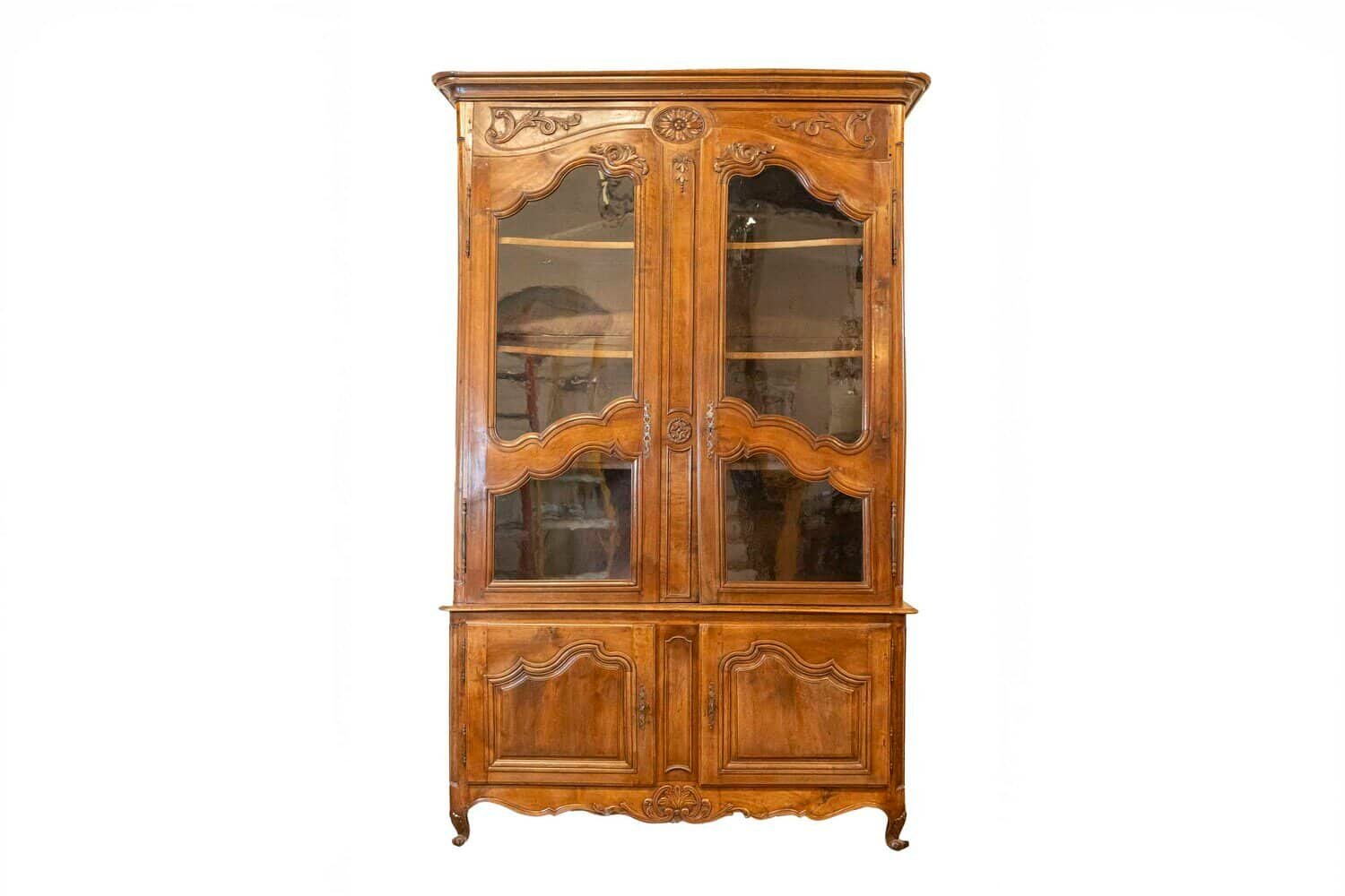 40% OFF at Checkout. French 1790s Walnut Buffet à Deux-Corps with Glass Doors and Carved Motifs