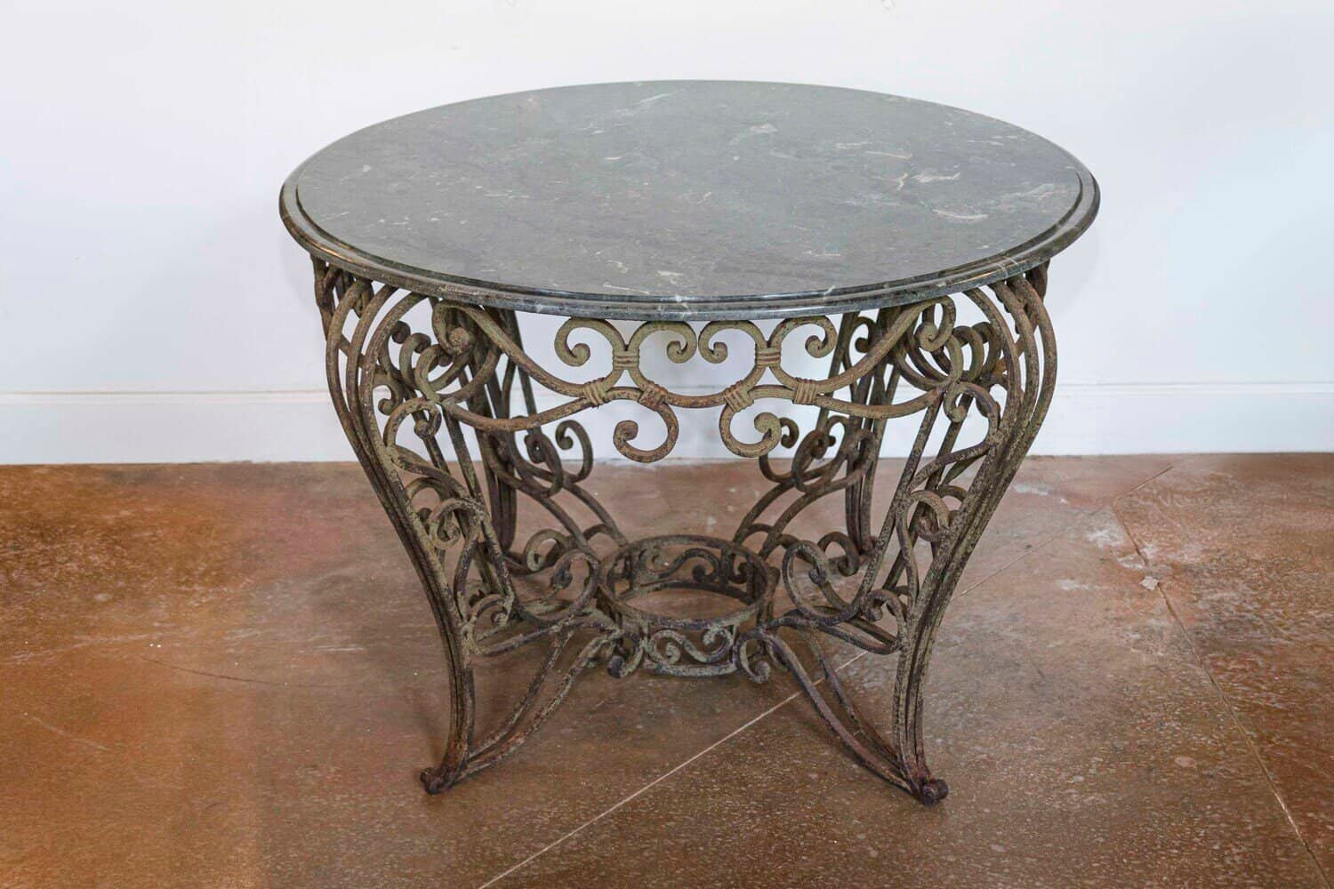 20th Century French Iron Round Center Table With Verde Marble - JAA