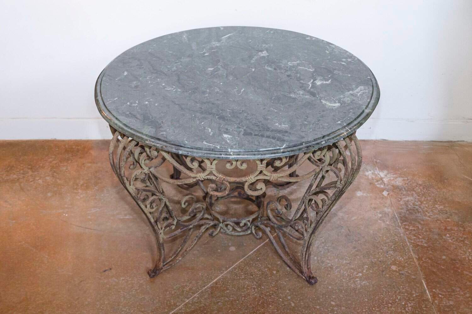 20th Century French Iron Round Center Table With Verde Marble - JAA