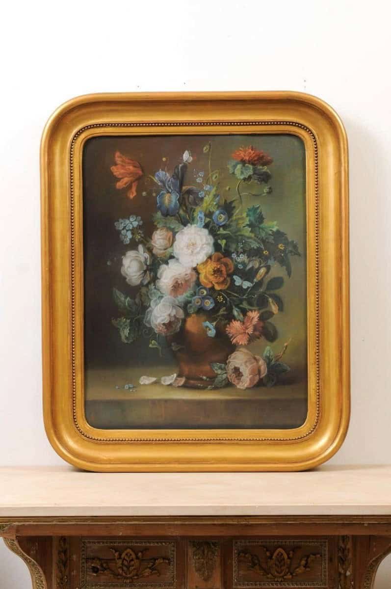 French 19th Century Paste Painting with Bouquet of Flowers in Giltwood Frame - JAA