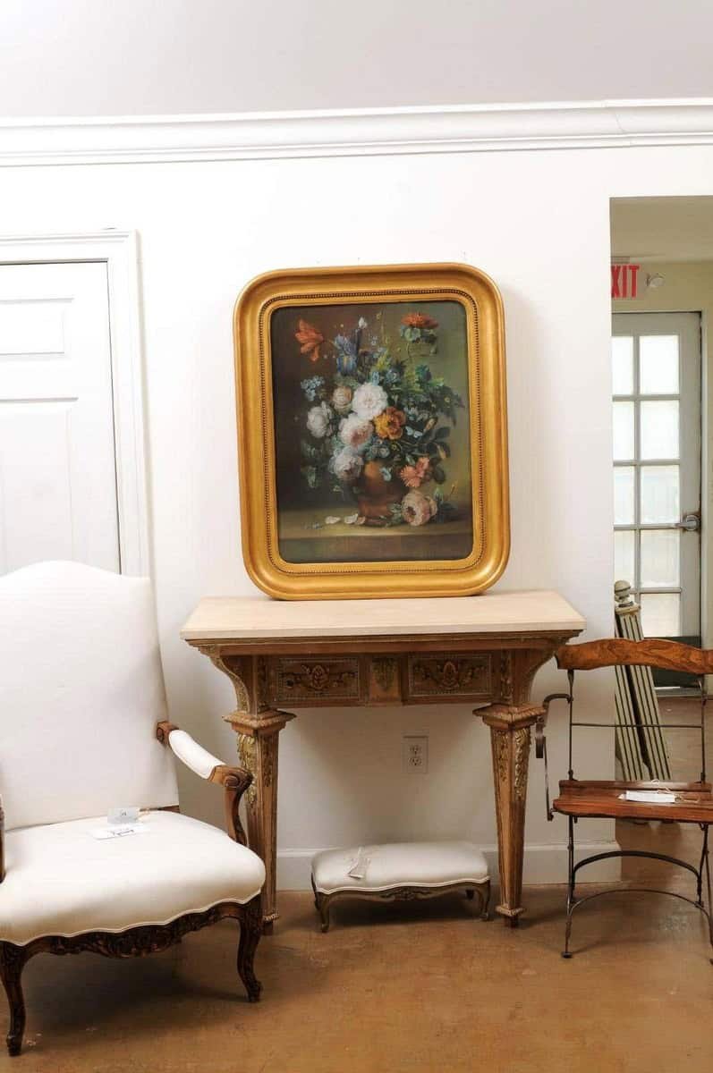 French 19th Century Paste Painting with Bouquet of Flowers in Giltwood Frame - JAA
