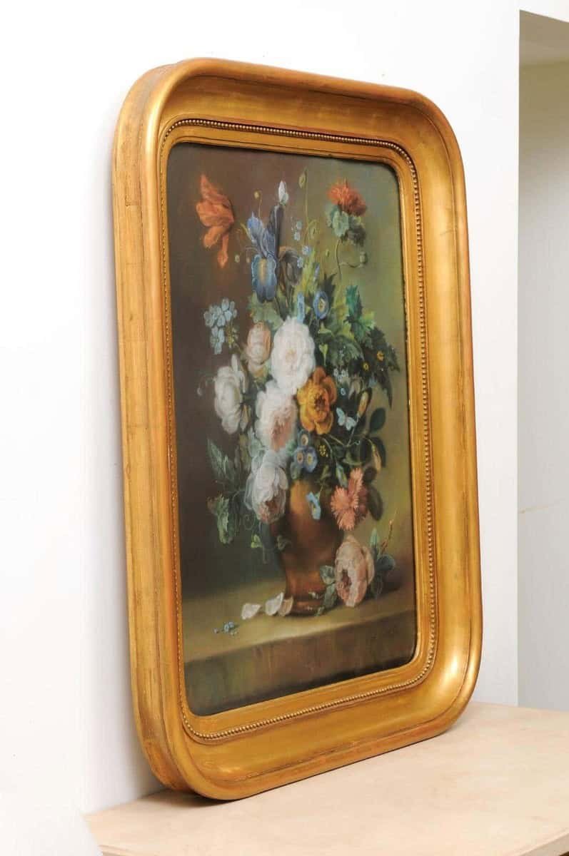 French 19th Century Paste Painting with Bouquet of Flowers in Giltwood Frame - JAA